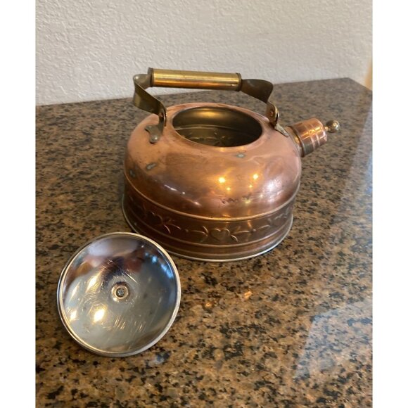 Vintage Antique Heart Pattern 7" Copper Teapot Kettle with Lid - Picture 8 of 12